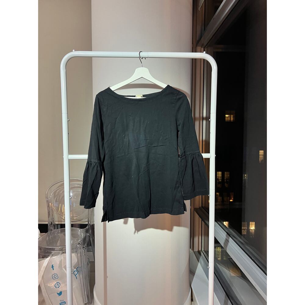 J. Crew Women Black Round Neck Ruffle Sleeve Blouse